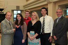 University of Scranton students were recognized at the inaugural Weinberg Memorial Library Research Prize presentation held on campus recently. Standing from left are Charles Kratz, dean of the library and information fluency, Rosemary Shaver, recipient of the Weinberg Memorial Library Research Prize, and Honorable Mention Award recipients William Woody, Courtney Fluehr and Benjamin Redan; and Bran Conniff, Ph.D.,dean of the College of Arts and Sciences.